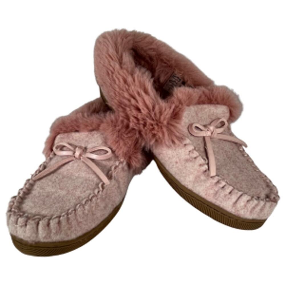 J.Crew Pink Fur Lined Moccasin Slippers Womens 7 Bow Detail